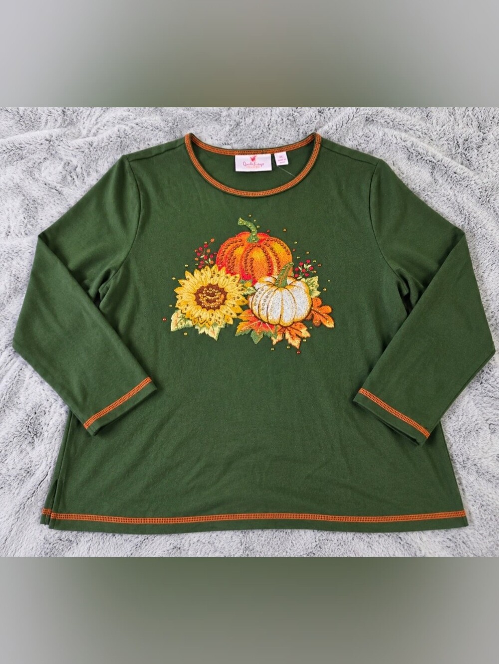 0212 Quacker Factory 2X Green Pumpkin Sunflower Embellished Fall Longsleeve NWT